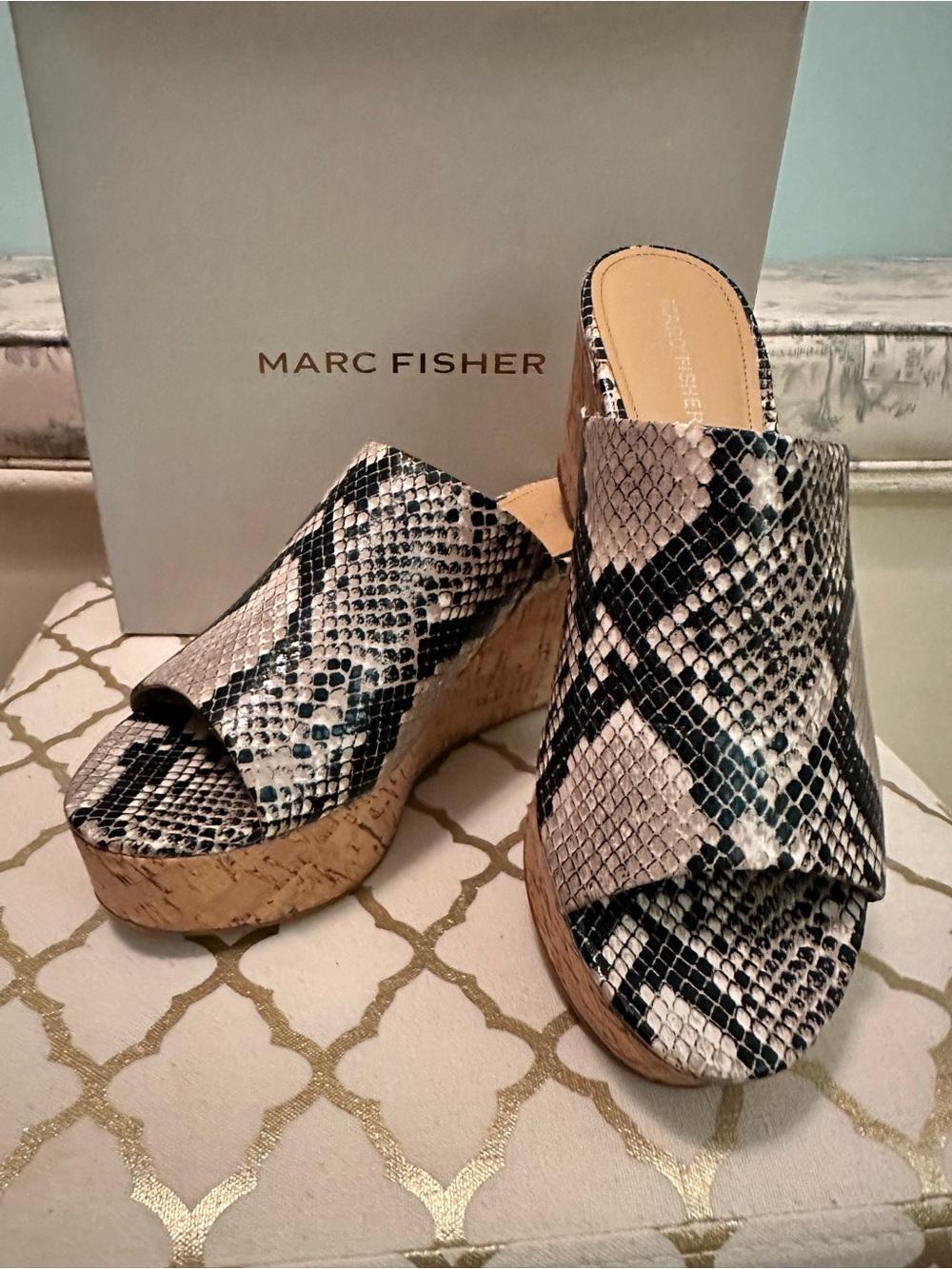 Marc Fisher Snake-Print Cork Platform Mules - Black & Cream